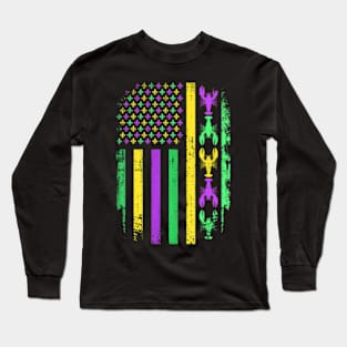 Mardi Gras Us American Flag With Crawfish New Orleans Long Sleeve T-Shirt